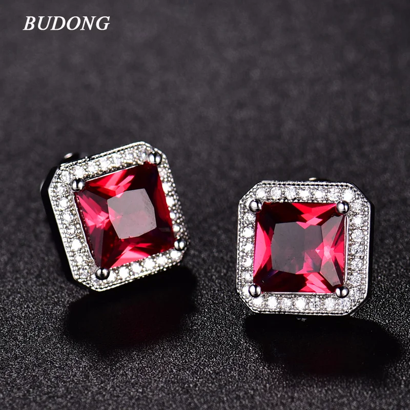 

BUDONG Exquisite Fashion Silver Color Stud Women Earrings Red/green /blue Crystal Zirconia Statement Jewelry XUAE018