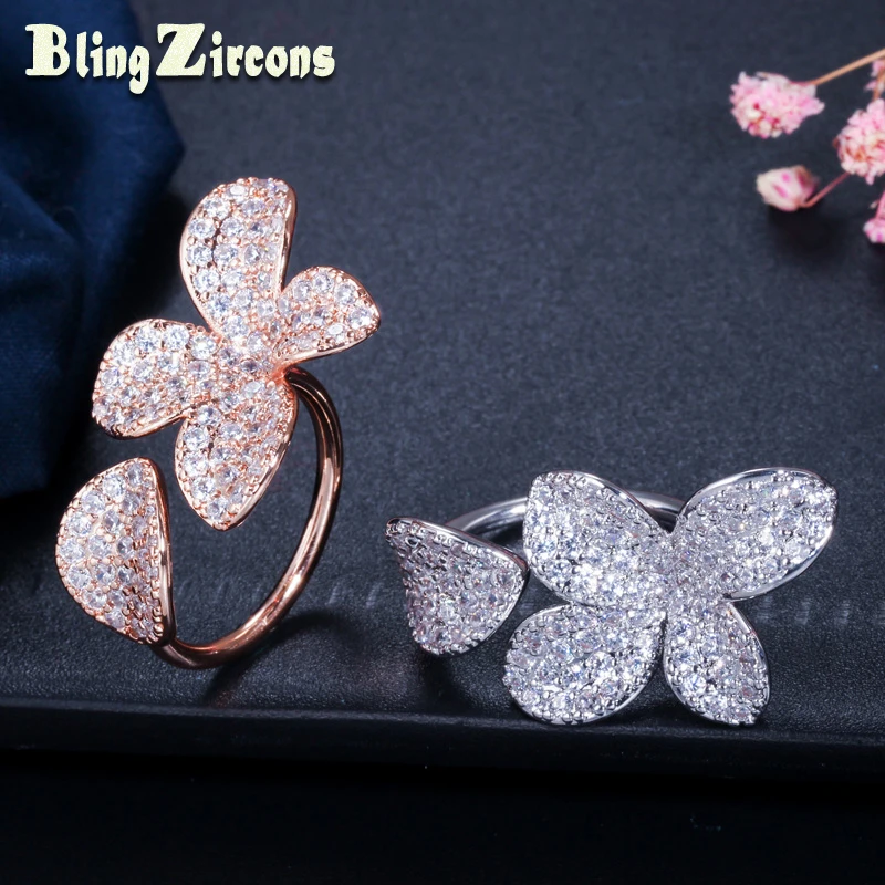 

BlingZircons Glitter Cubic Zirconia Paved Rose Flower Open Adjustable Engagement Rings Handmade Finger Jewelry for Women R064