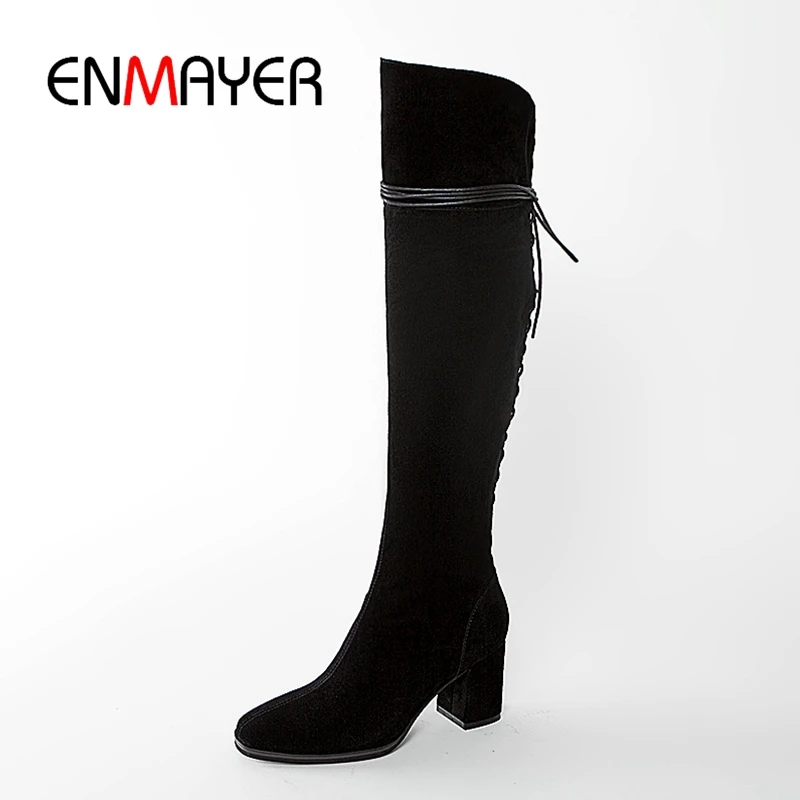 

ENMAYER 2018 sizes 34-39 Sexy Flat Shoes over the knee Boots Woman Winter women's Shoes Fashion lace up Boot female ZYL866
