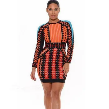 

2017 Celebrity Runway Mesh Bandage O Neck Black Blue Long Sleeve Orange Handmade Ribbon Cross Winter Dress Women