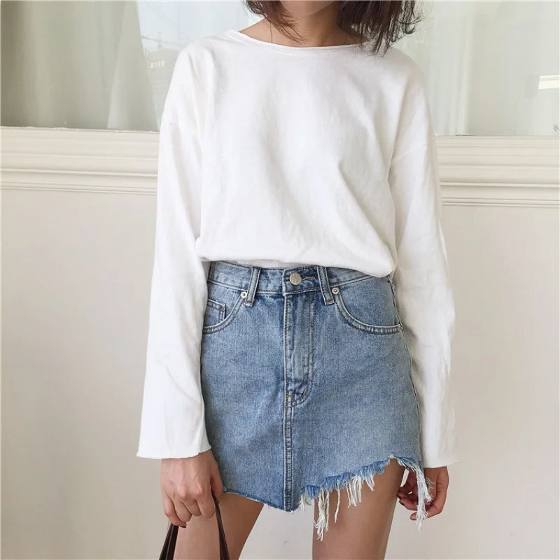 

Summer Pencil Skirt High Waist Washed Women Skirts Irregular Edges Denim Skirts All Match Mini Saia Skirt