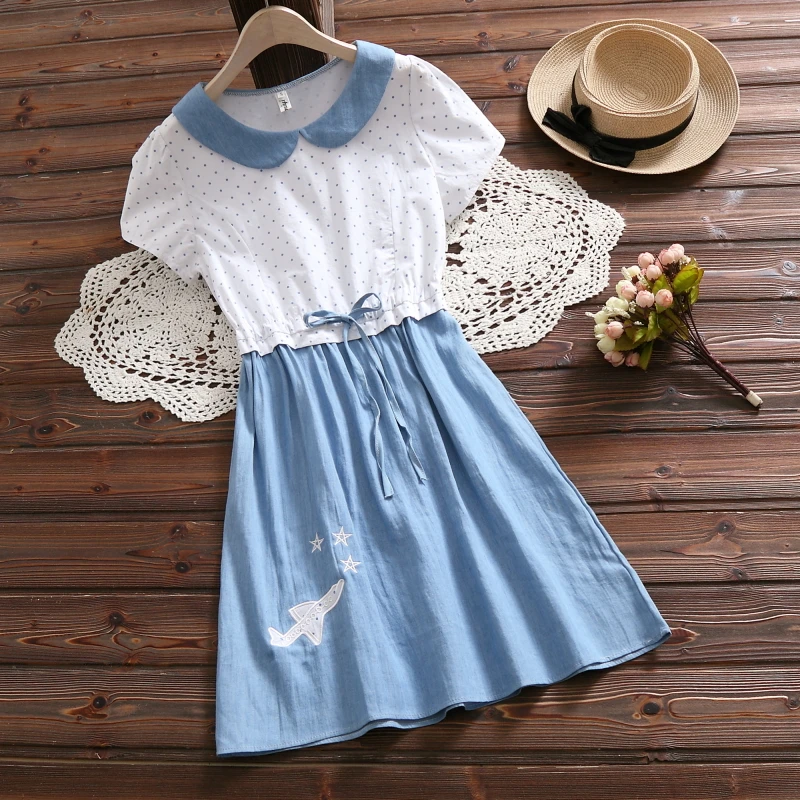 

Mori girl cute dot dress new fashion korea style summer peter pan collar short sleeve sweet dress