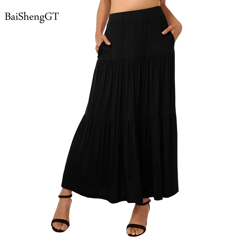 Women Summer Long skirts Casual Loose Knit Solid High Waist Flared Skirt Ladies Maxi Midi Skirt