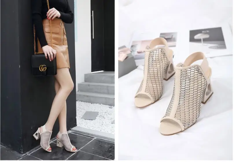 JINJOE/ г. Новая стильная обувь женские туфли на высоком каблуке с открытым носком в римском стиле с эластичными лентами туфли-лодочки на каблуке в форме сердца с гетероморфным каблуком