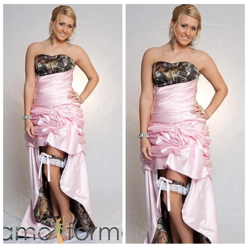 Pink Satin Camo Sheath High Low Wedding Dress Draped Skirt