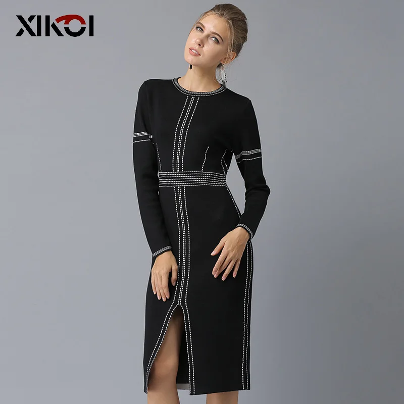 XIKOI Casual Women Knitting Dress Black MIDI O-Neck Fashion Hem Split Ladies Women's dresses Knee-Length 2018