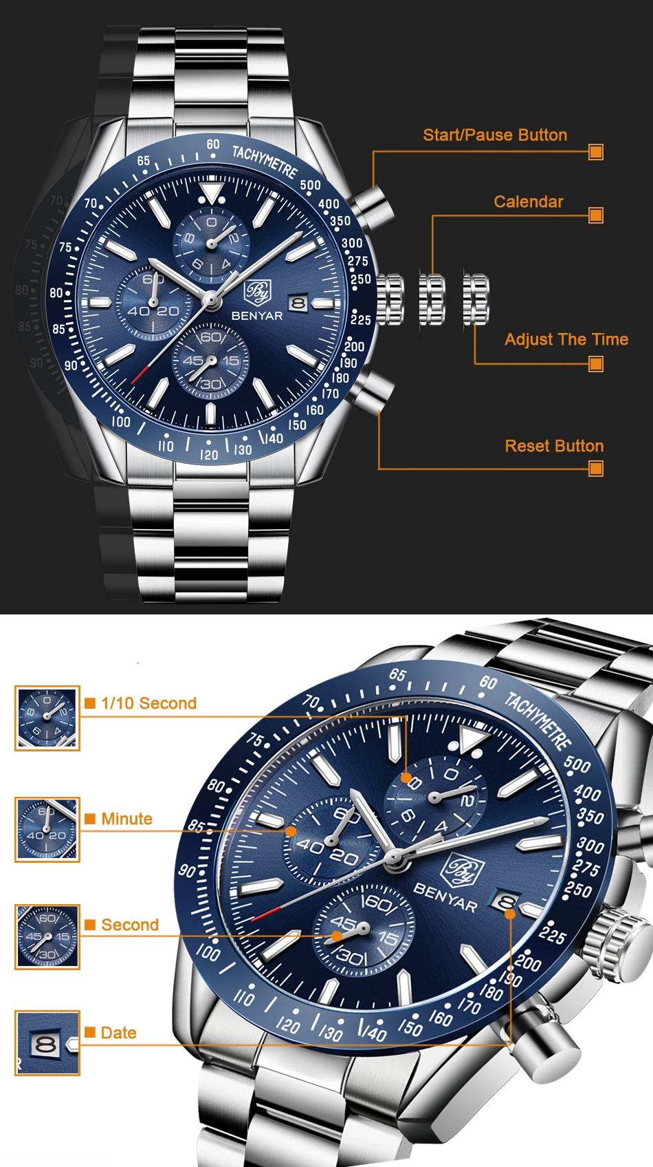 Мужские часы BENYAR Топ бренд класса люкс полностью стальные бизнес Кварцевые часы мужские повседневные водонепроницаемые спортивные часы Relogio Masculino