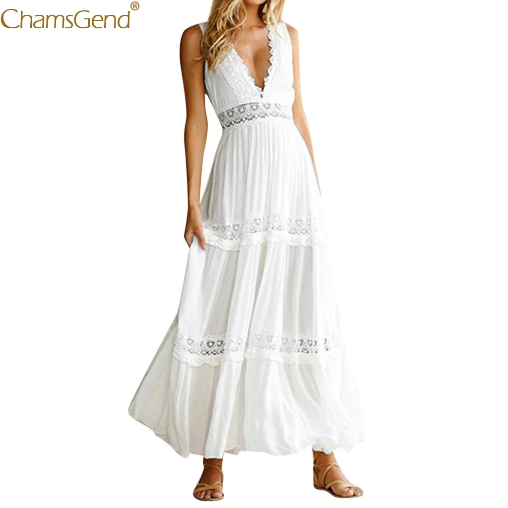 

Summer Dresses Women 2019 White Summer Dress Sexy V Neck Backless Deep V Neck Elegant Lace Maxi Dresses For Women Loose May