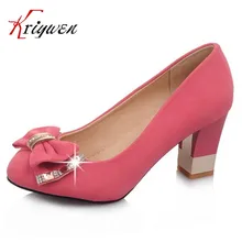 3Colors size 33-43 2016 Spring New Sweet Women Ladies sandals thick Heels party wedding shoes diamond rhinestone flock bow pumps