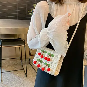 

Fashion Summer Women Crossbody Beach Bag Cherry Straw Weave Square Flap Shoulder Bag