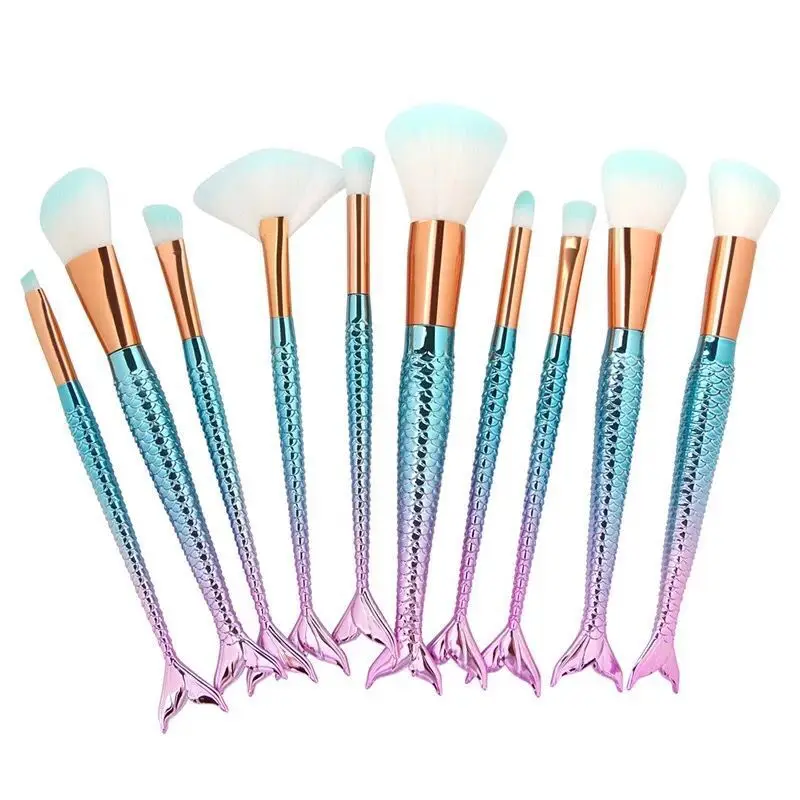

10PCS Professional Mermaid Makeup Brushes Set Foundation Powder Blush Eyebrow Eyeliner Cosmetic Brush Kit Tools High Quality