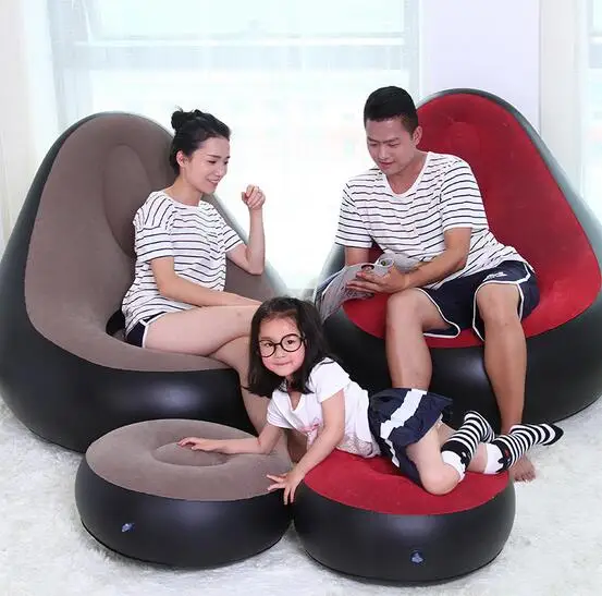 ECO friendly AZO free Flocked PVC inflatable bean bag chair with foot stool,feetrest inflatated beanbag strong living room chair