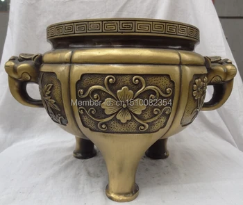

16" Chinese Bronze Lion Head Statue Tibet Flower Sculpture Incense Burner Censer