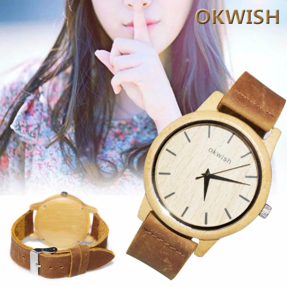 

New Fashion Women Leather Band Analog Bamboo Comfort Round Wrist Watch