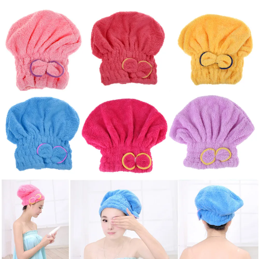 Super fibre absorbent towel coral plush hat dry hair hat bow princess
