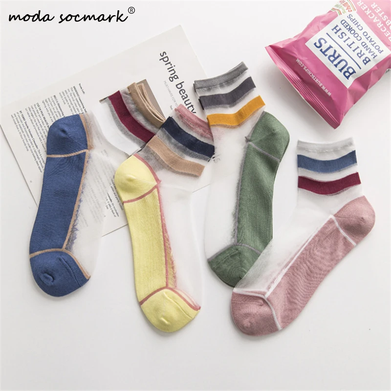 

Fashion Lace Transparent Crystal Socks Women Patchwork Striped Comfy Sheer Silk Harajuku Funny Socks 2019 New Calcetines Mujer