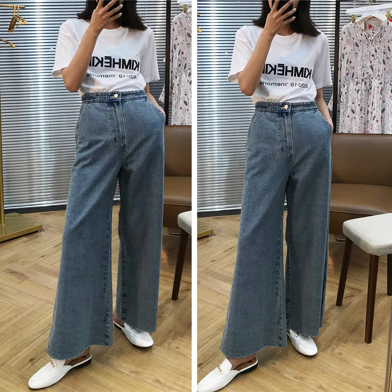 

2019 Tall Waist Long Leg Temperament Advanced Water Washing Blue Broad-legged Jeans Woman Washed Pockets Women Jeans