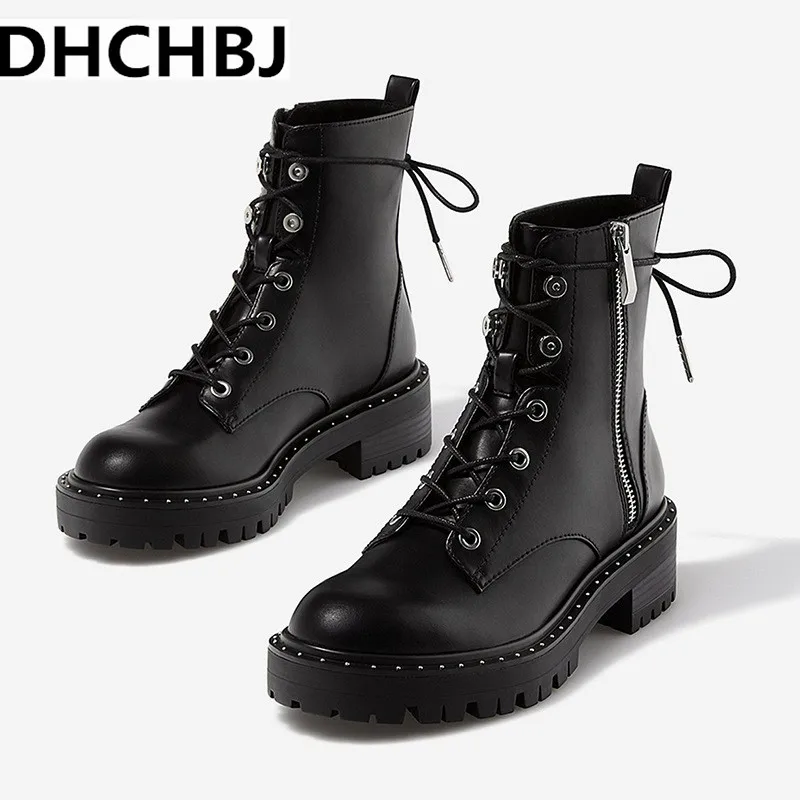 

2019 Spring Lace up Rivets Motorcycle Boots Women Round Toe High Heel Martin Boots Women Short Plush Boots for Women