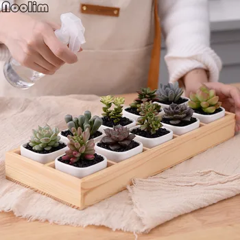 

NOOLIM 10+1/Set Modern Geometrical White Square Ceramic Succulent Planters Desktop Flower Pots with Wooden Tray Box Home Decor