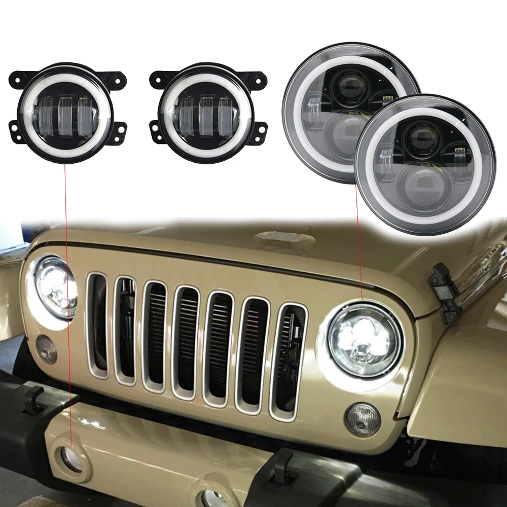 4/" inch Fog Lamp Kit For 07-17 Jeep Wrangler JK 7/" inch LED Headlight Halo