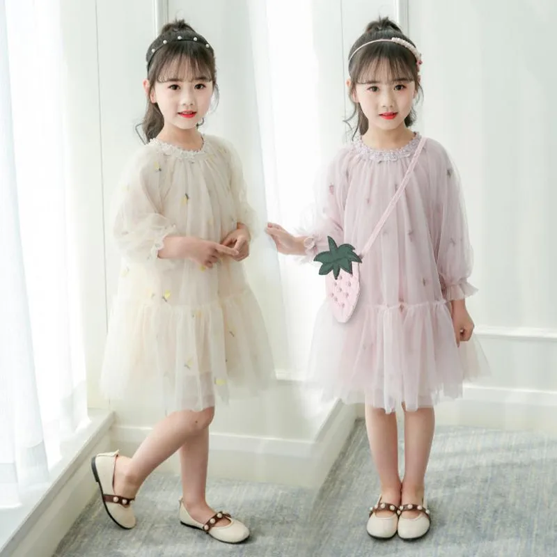 

DFXD Teen Girls Full Sleeve Strawberry Embroidery Princess Dress Spring High Quality Girls Costumes Ball Gown Kids Party Wear