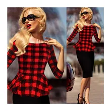 Womens Peplum Elegant Vintage Tartan Plaid Wear to Work Casual Pencil Dress