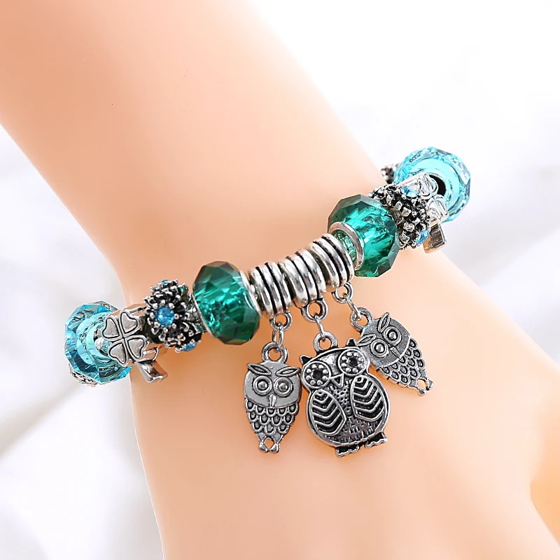Дизайн, серебряные браслеты с бусинами в виде совы и браслеты, зеленый стиль, кристалл, шарм, сделай сам, ювелирный подарок, браслет для детей и женщин