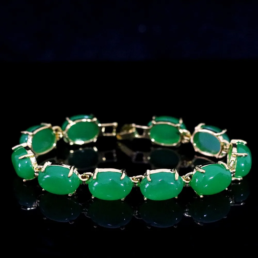 

Fashion Semi-precious oval green chalcedony jades stone gold-color chain bracelet weddings anniversary hot jewelry 7.5"B1167
