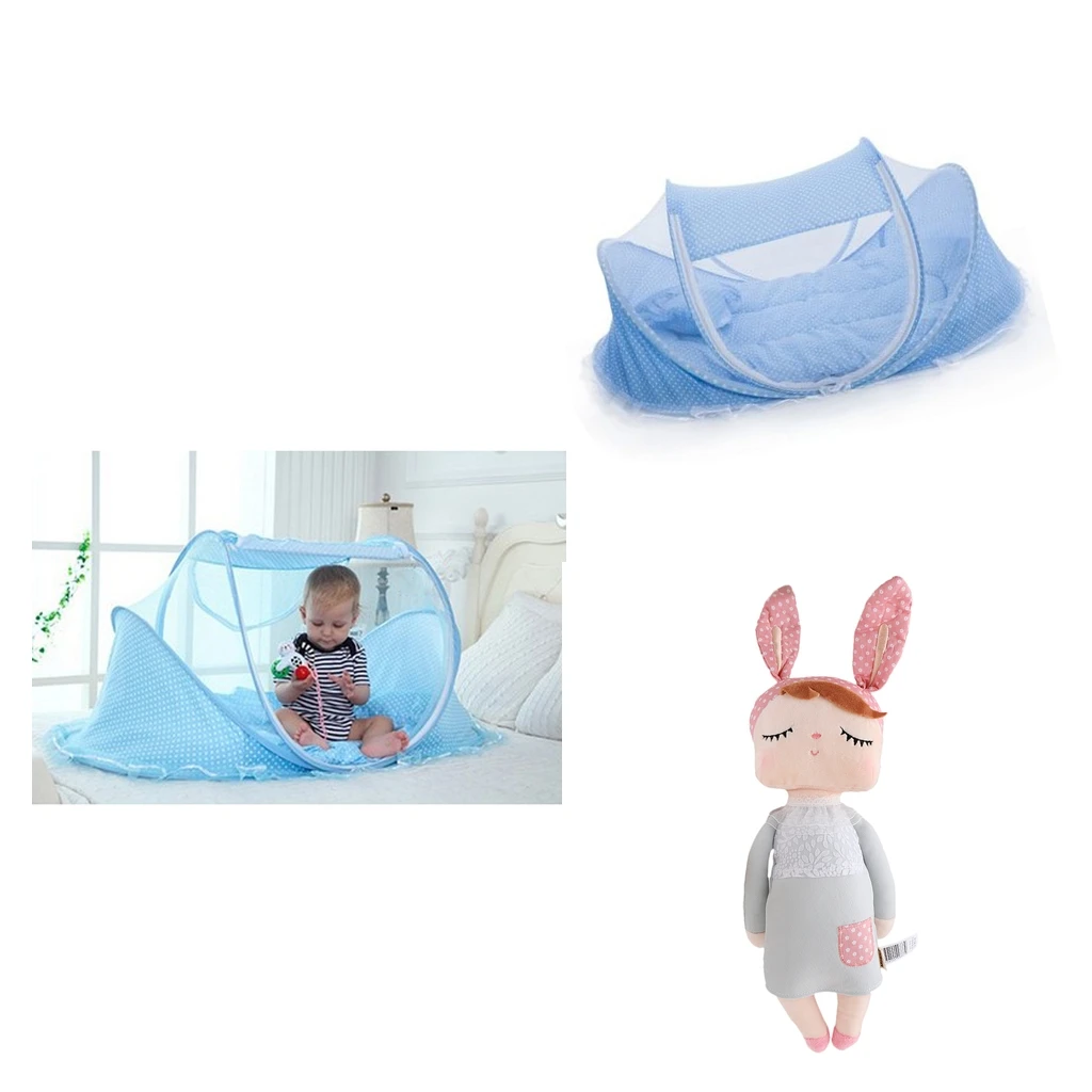 Portable Foldable Baby Travel Bed Crib Cradle Play Shades Mosquito Sleeping Tent + Girls' Plush Toys