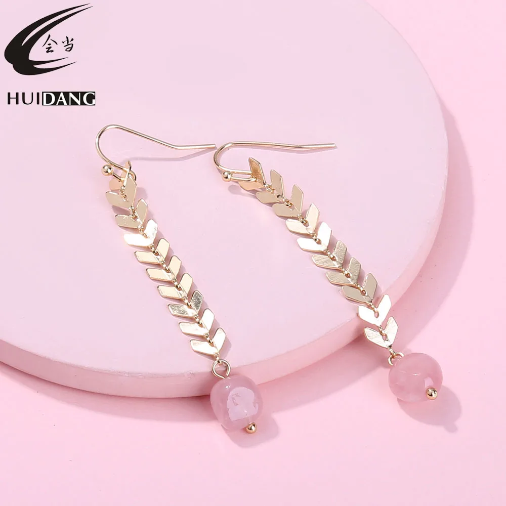 

HUIDANG Gold Plating Copper Chevron Chain Natural Stone Drop Dangle Long Earring for Women