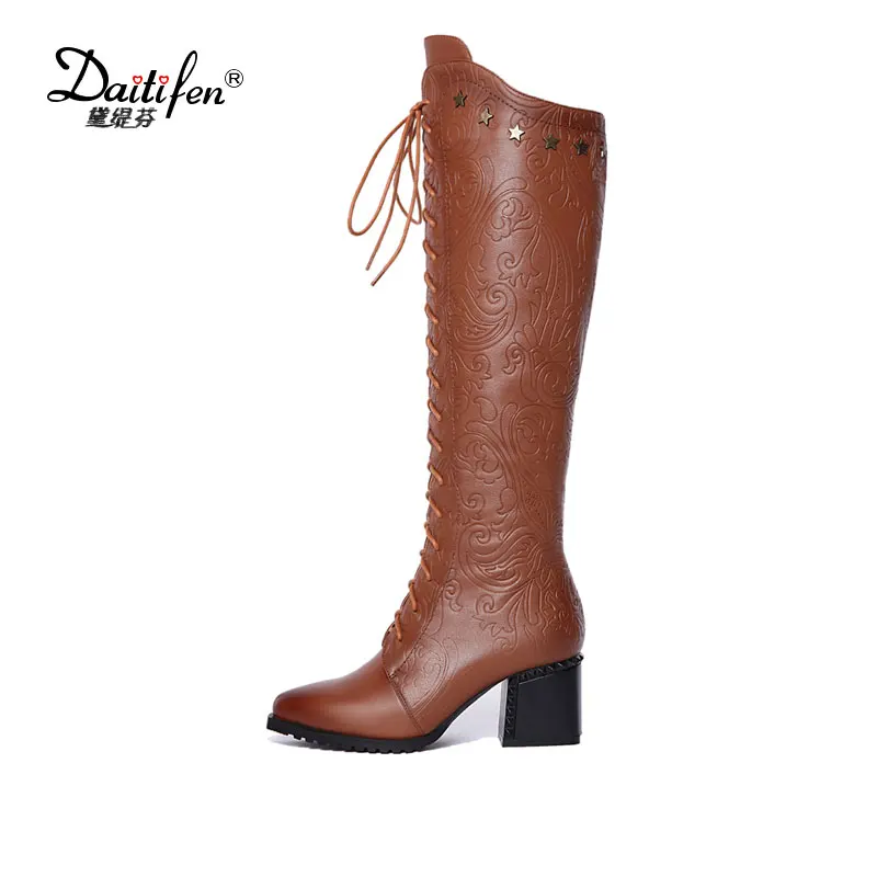 Daitifen New Genuine Leather Womens Knee High Equestrian Riding Boots zipper Pointed Toe Long Boots Chunky Heel Winter Shoes Daitifen New Genuine Leather Womens Knee High Equestrian Riding Boots zipper Pointed Toe Long Boots Chunky Heel Winter Shoes