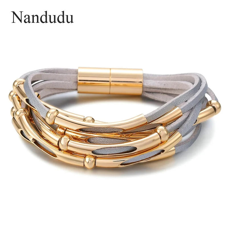 Nandudu Модный черный и серый Плетеный кожаный шнур браслеты для женщин модные ювелирные изделия магнитные застежки браслеты подарок B1091