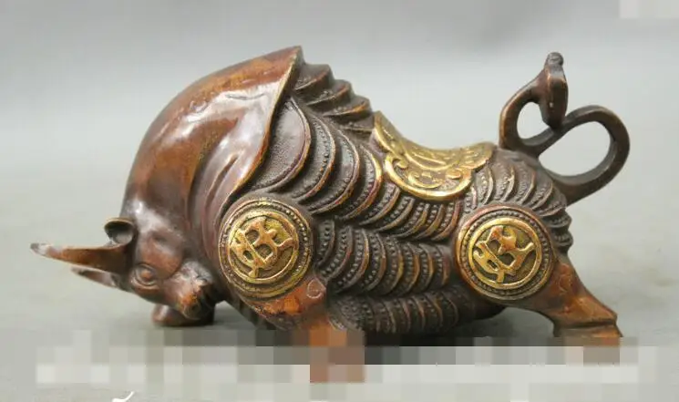 

S06678 7" Chinese Auspicious Bronze Gilt Wealth Cai Bull Market Ox Home Art Set Statue