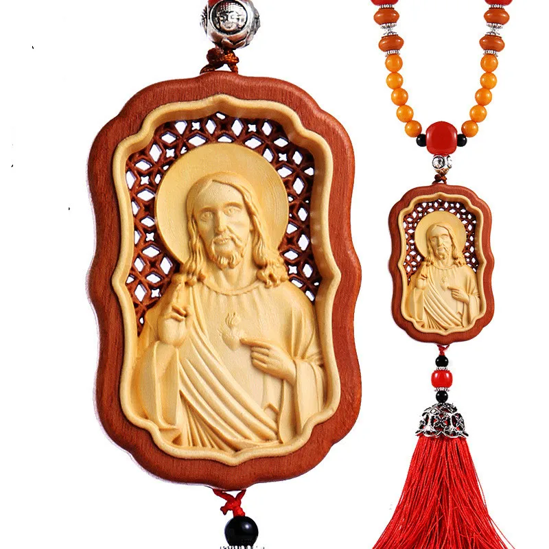 

wood inlaid boxwood carving Jesus craft car interior decoration pendant