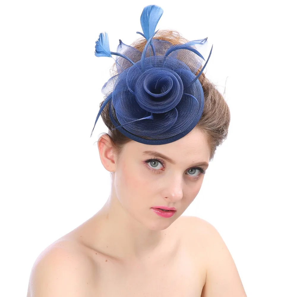 JaneVini Темно-Синие Свадебные шляпы с перьями шляпа свадебный цветок с шпилькой перья очарование невесты Свадебные шляпы и вуалетки