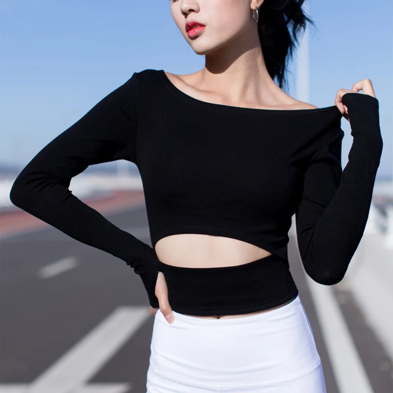 

Fashion Long Sleeve Gothic Quick-drying elasticity movement Cropped t shirt 2018 Autumn Fitness Sexy korean Crop Top tshirt Tops
