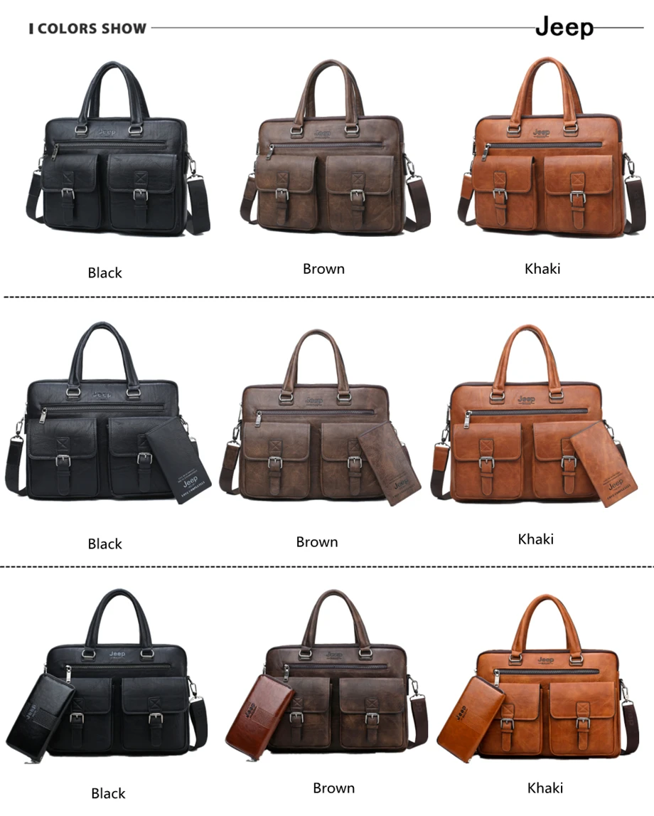 JEEP BULUO Brand Man'sBusiness Briefcase Bag 2pcs/set Split Leather High Quality Men office Bags For 13. 3 inch Laptop A4 Causel