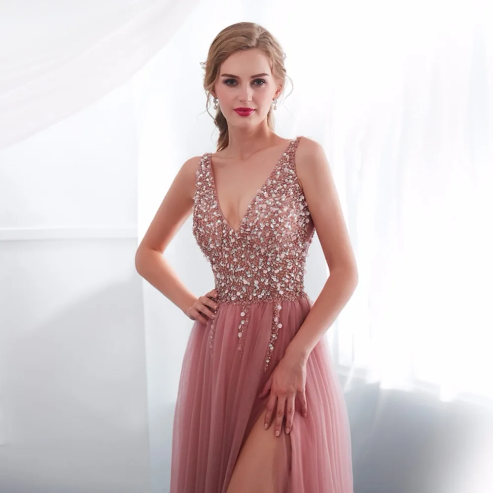 Billig EDLE WEISS V ausschnitt Abendkleid 2019 Sexy Kristall Perlen Split Tüll Prom Kleid Bodenlangen Abendkleid vestido longo festa