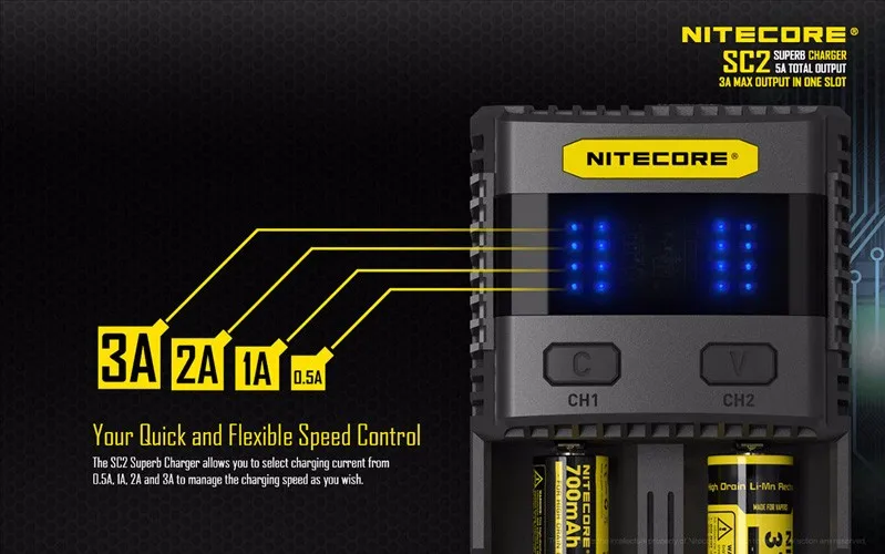 Бенчмарк интеллектуальная зарядка 3A Speedy charge превосходное зарядное устройство Nitecore SC2 с 5А общим выходом