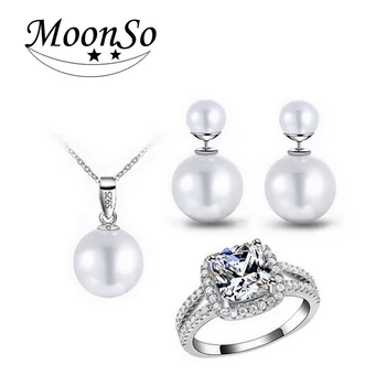 

925 Sterling Silver Jewelry for Women Pearl Jewelry set for wedding engagement ring stud earing Necklace christmas gift J1584