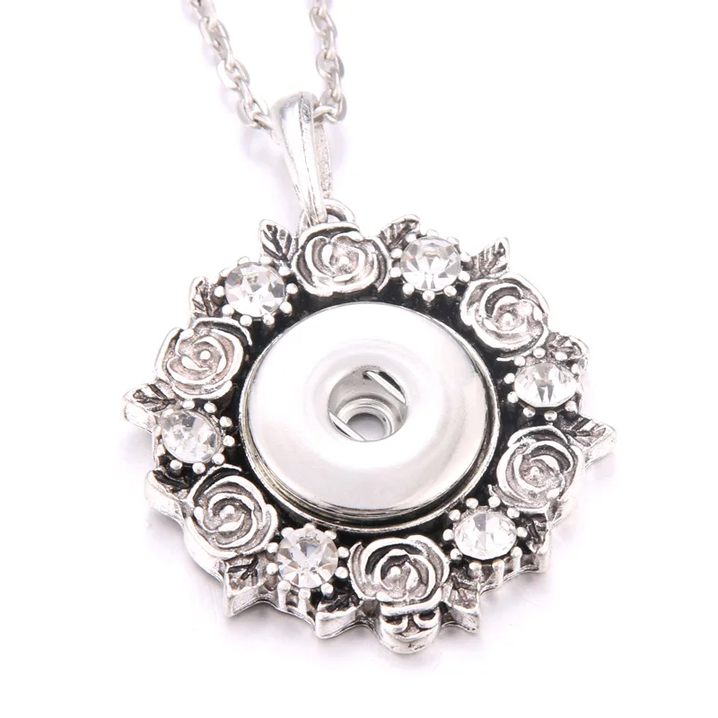

New Snap Jewelry Silver Rose flower Snap Buttons Necklaces 18mm 20mm buttons Pendant Necklace Women men DIY fashion jewelry
