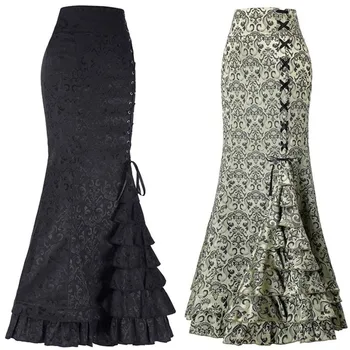 

Women Asymmetric Trumpet Skirts Floral Print Lace Patchwork Lace-Up Luxury Mermaid Skirts Elegant Vintage Long Mermaid Skirts