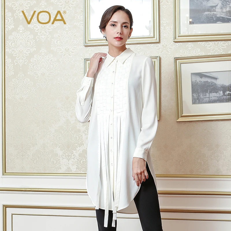 

VOA Plus Size Heavy Silk Blouse Solid White Office Shirt Basic Long Sleeve Formal Women Tops Brief Casual Tassel Fall BSH02101