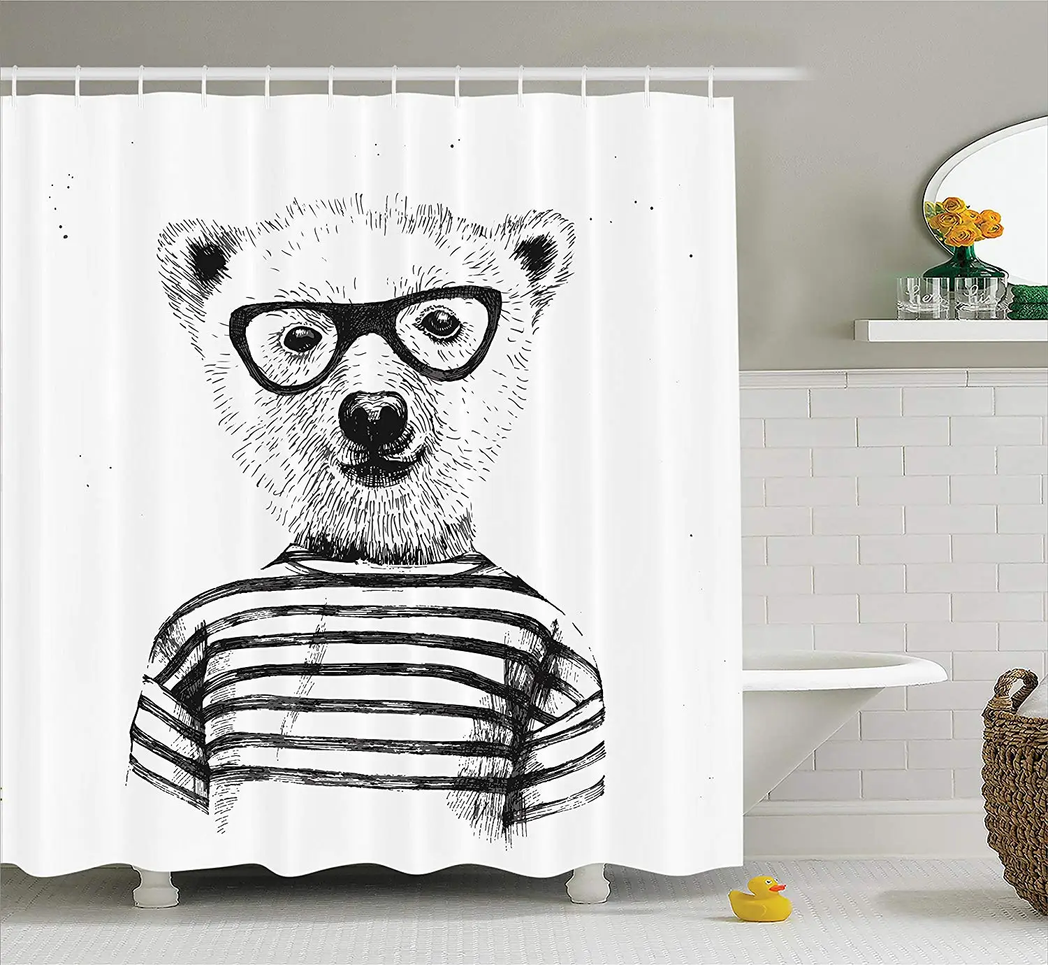 Decor Shower Curtain Hipster Nerd Smart Male Bear in Glasses Fun