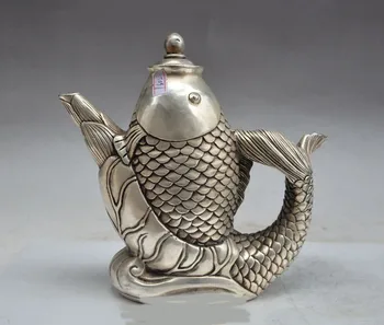 

Crafts statue mark china chinese fengshui silver fish statue Yellow rice Wine Tea Pot Flagon