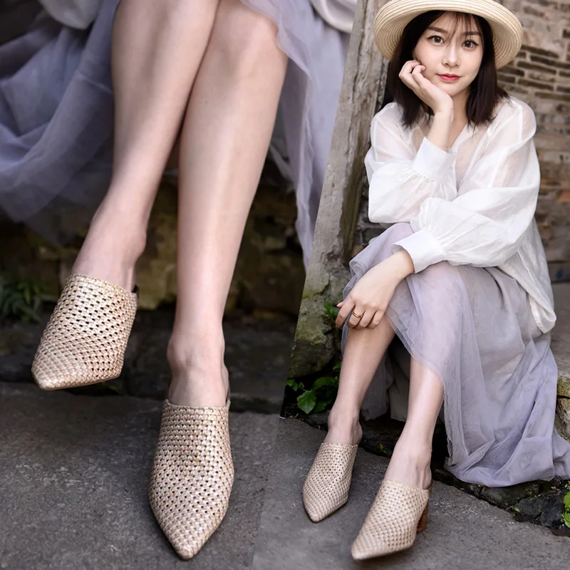 

Artmu Original Woven Outside Slippers Pointed Toe Thick Heels Genuine Leather Women's Shoes New High Heel Handmade Slippers