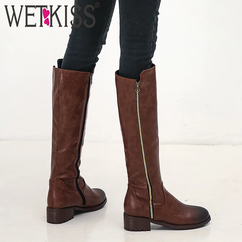 WETKISS/мотоциклетные ботинки женские ботинки на толстом каблуке Женская обувь до колена на молнии женская повседневная обувь с круглым носком зимняя обувь, большие размеры 34-48