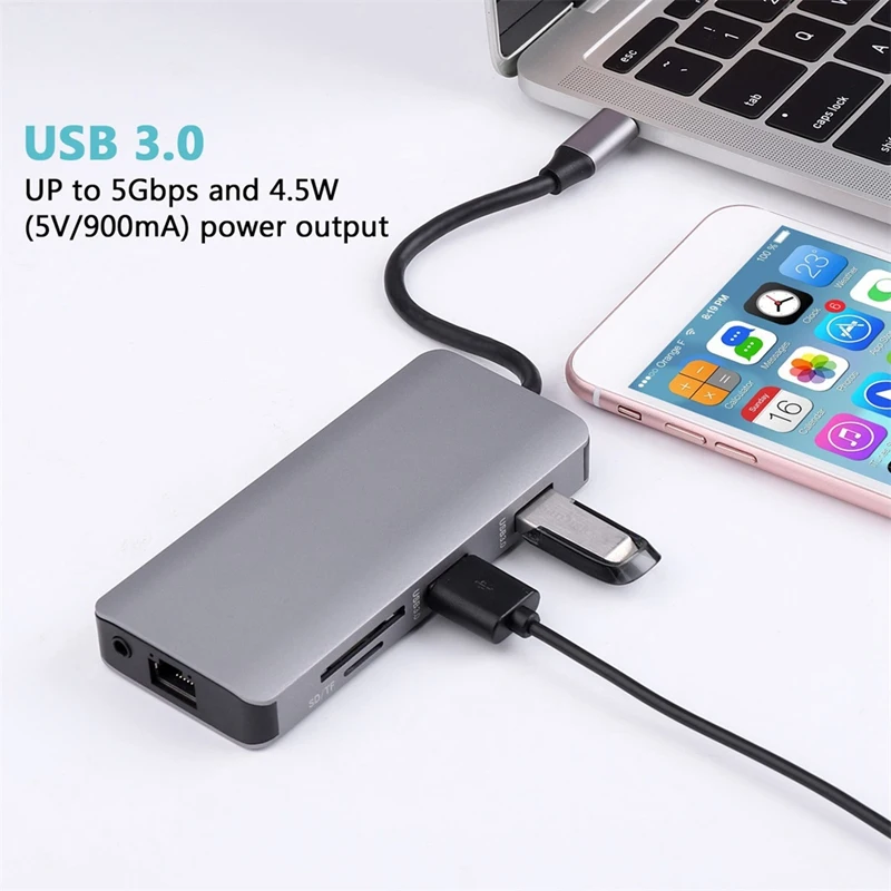 9 в 1 концентратор типа C на выход Hdmi+ Vga, 2 порта Usb3.0 s, Sd/Tf кардридер, сетевой адаптер 1000 Мбит/с, аудио порт с Pd3.0(100 Вт