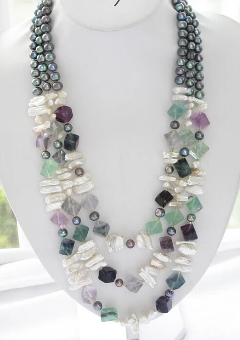 

HOT 003294 3row black white biwa pearl quadrate fluorite necklace