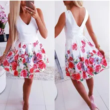 Oufisun Summer New Sexy Backless White Print Mini Dress For Fashion V-Neck Sleeveless A-line Dress Womens Party Dresses Vestidos